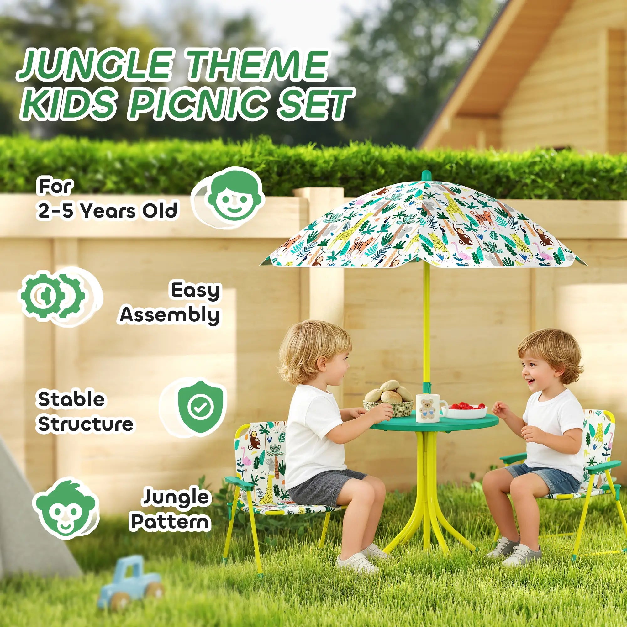 Kids Picnic Table Set, 2 Folding Chairs, Umbrella, Green Kids Outdoor Furniture at Gallery Canada