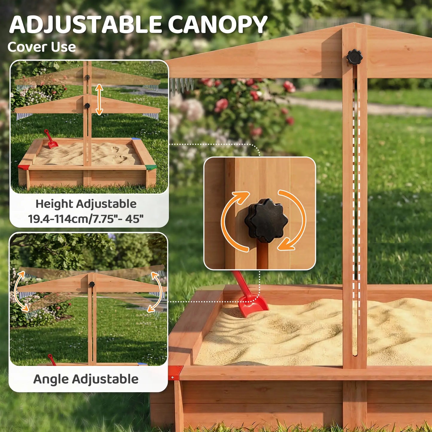 Wooden Sandbox with Cover, Adjustable Canopy, Seats, Dark Brown Sandboxes & Accessories at Gallery Canada