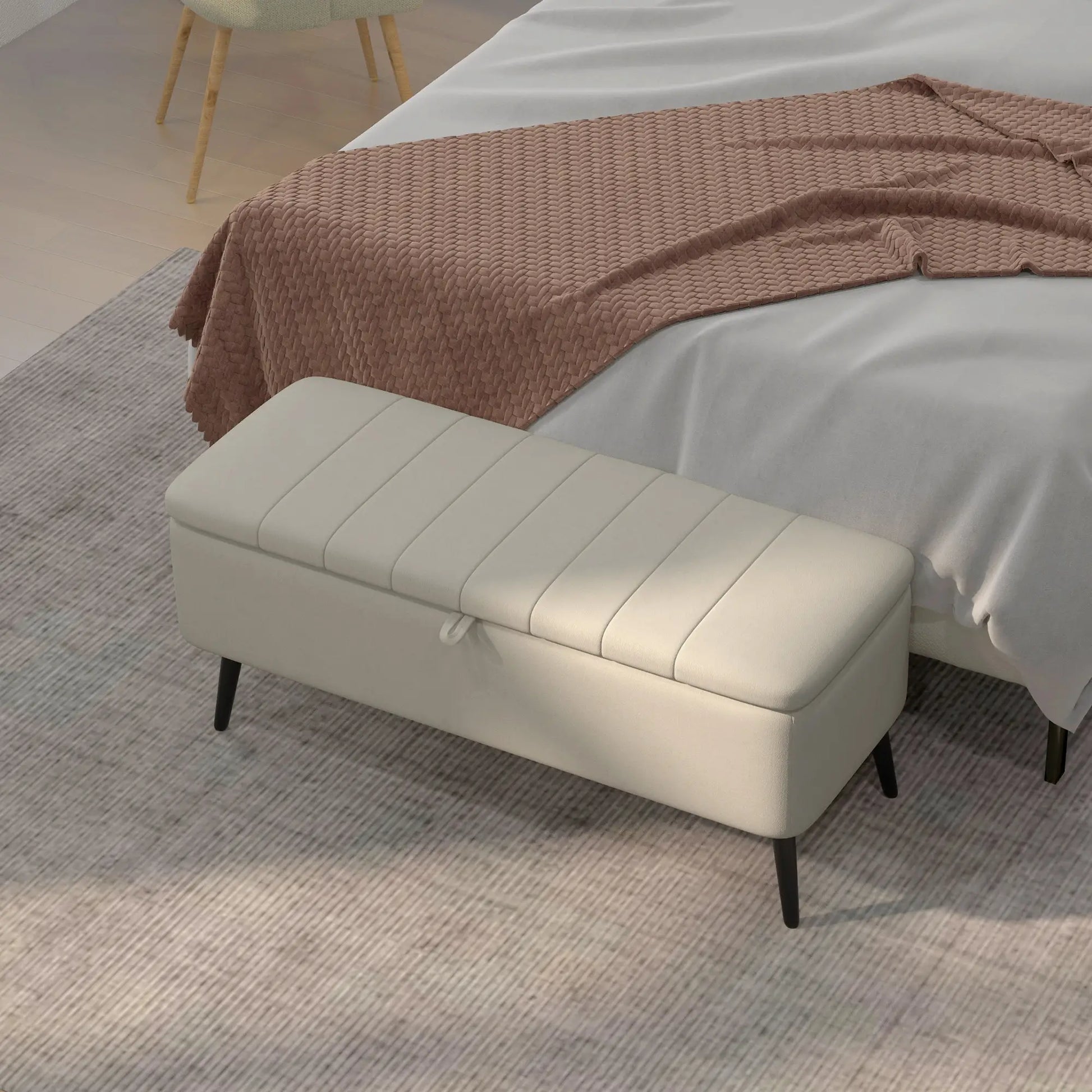 40" Ottoman with Storage, Linen Upholstered, Cream White Storage Ottomans & Benches at Gallery Canada