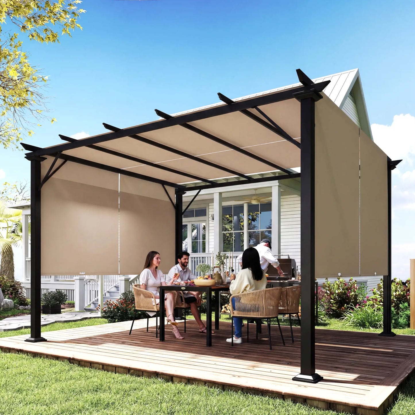 12' x 10' Outdoor Gazebo, Retractable Canopy, Steel Frame, Light Brown Pergolas at Gallery Canada