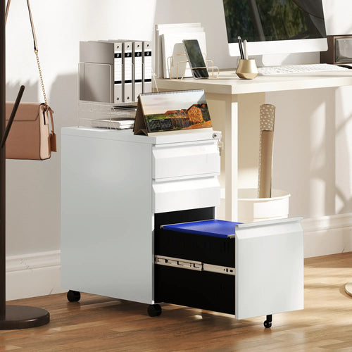 3 Drawer Steel Filing Cabinet with Lock, Hanging Bar, White