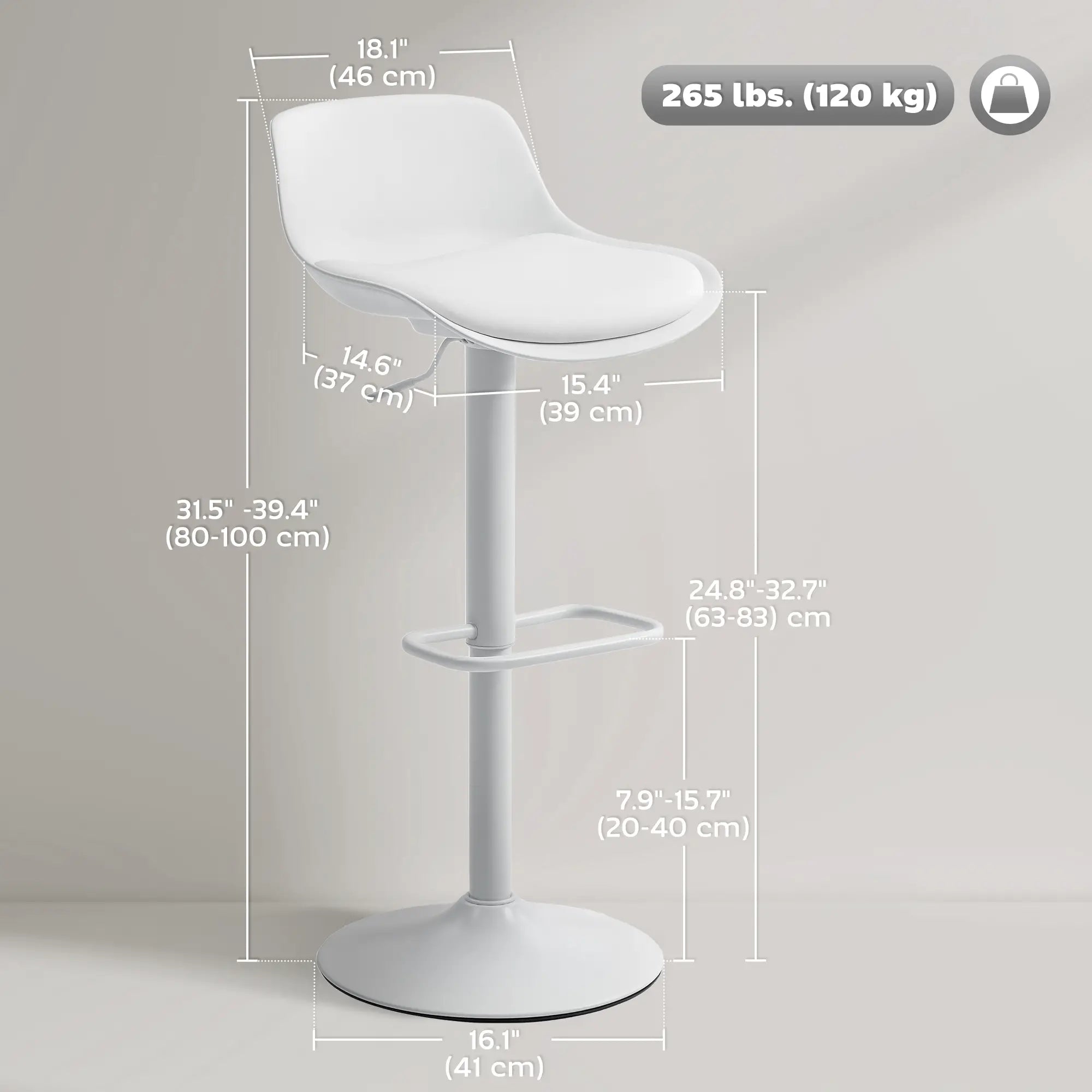 Counter Height Bar Stools Set of 2, Adjustable Swivel PU Leather, White Bar Stools at Gallery Canada
