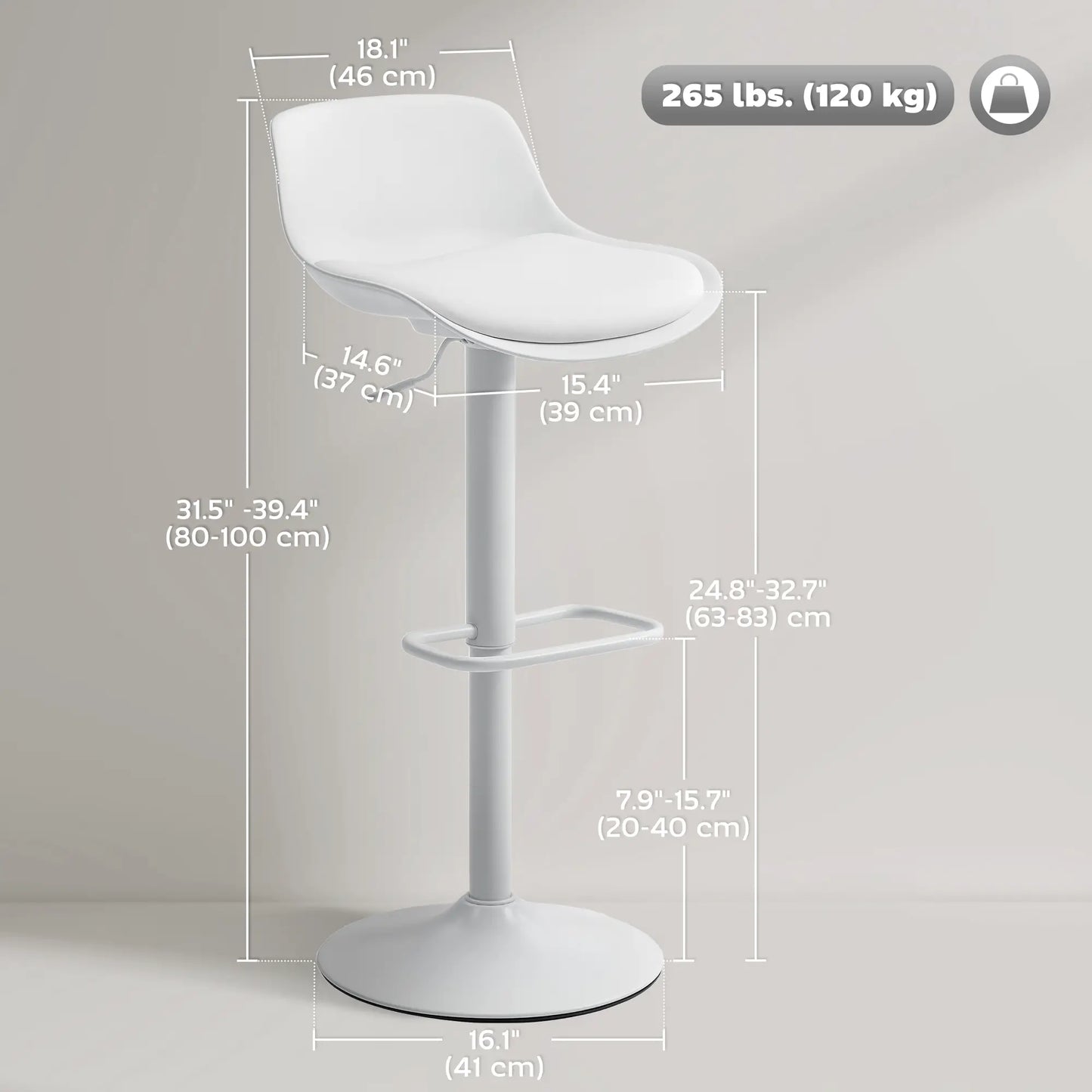 Counter Height Bar Stools Set of 2, Adjustable Swivel PU Leather, White Bar Stools at Gallery Canada