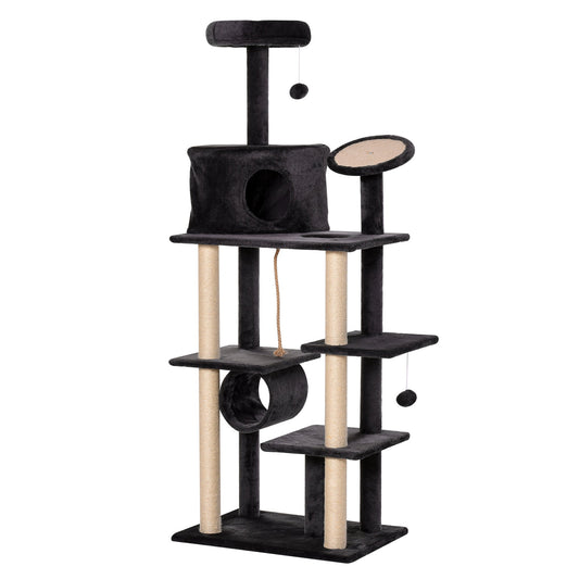 67.75" Cat tree Tower Climbing Kitten Activity Center Furniture with Jute Scratching Post Pad Condo Perch Hanging Balls Tunnel Teasing Rope Dark Grey - Gallery Canada
