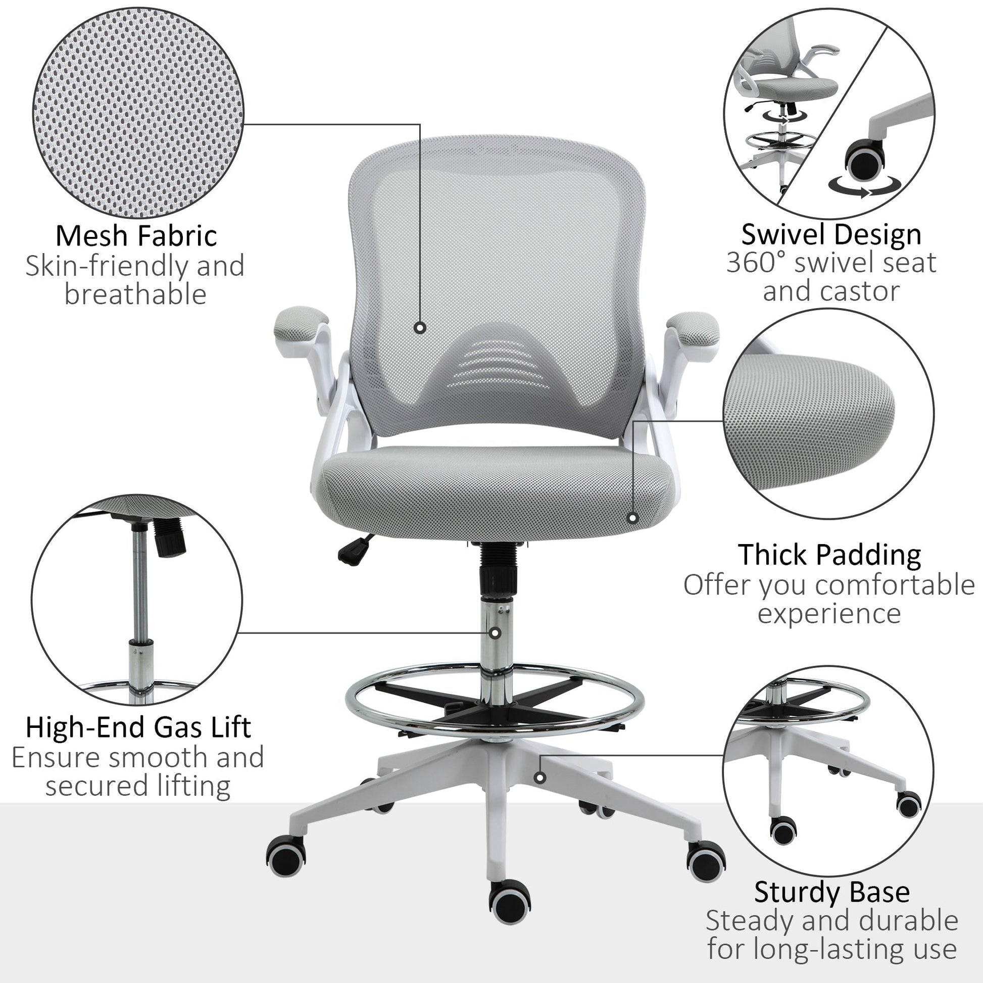 Height-Adjustable Tall Office Chair, Drafting Chair with Flip-Up Armrest, Footrest Ring, Swivel Wheels, Light Grey - Gallery Canada