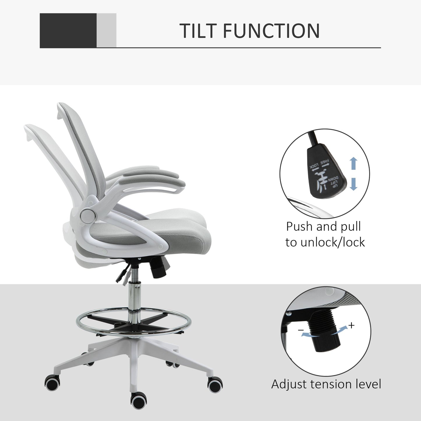 Height-Adjustable Tall Office Chair, Drafting Chair with Flip-Up Armrest, Footrest Ring, Swivel Wheels, Light Grey - Gallery Canada