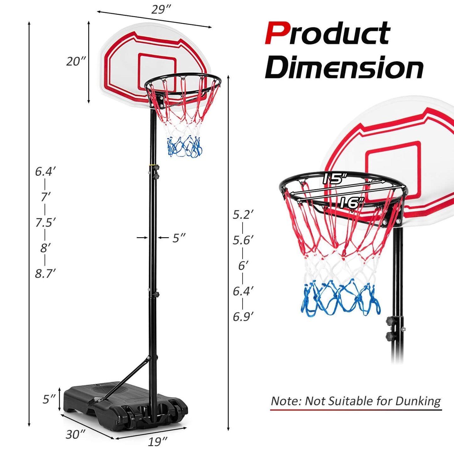 Height Adjustable Basketball Hoop with 2 Nets and Fillable Base, Multicolor at Gallery Canada