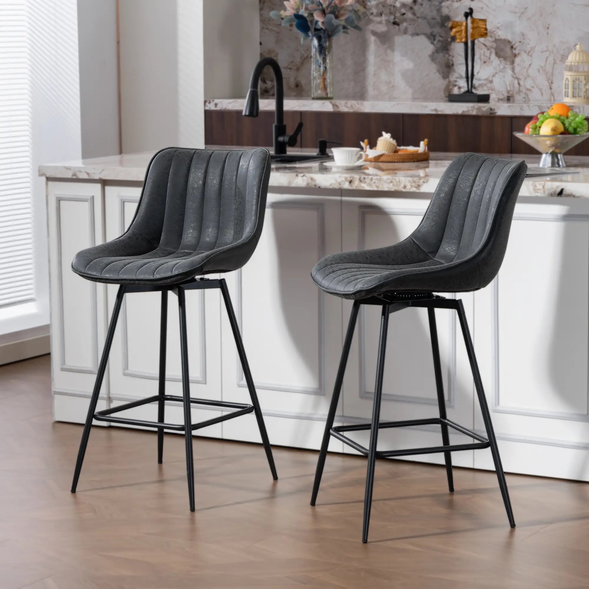 Set of 2 Counter Height Barstools, PU Leather, Black Bar Stools at Gallery Canada