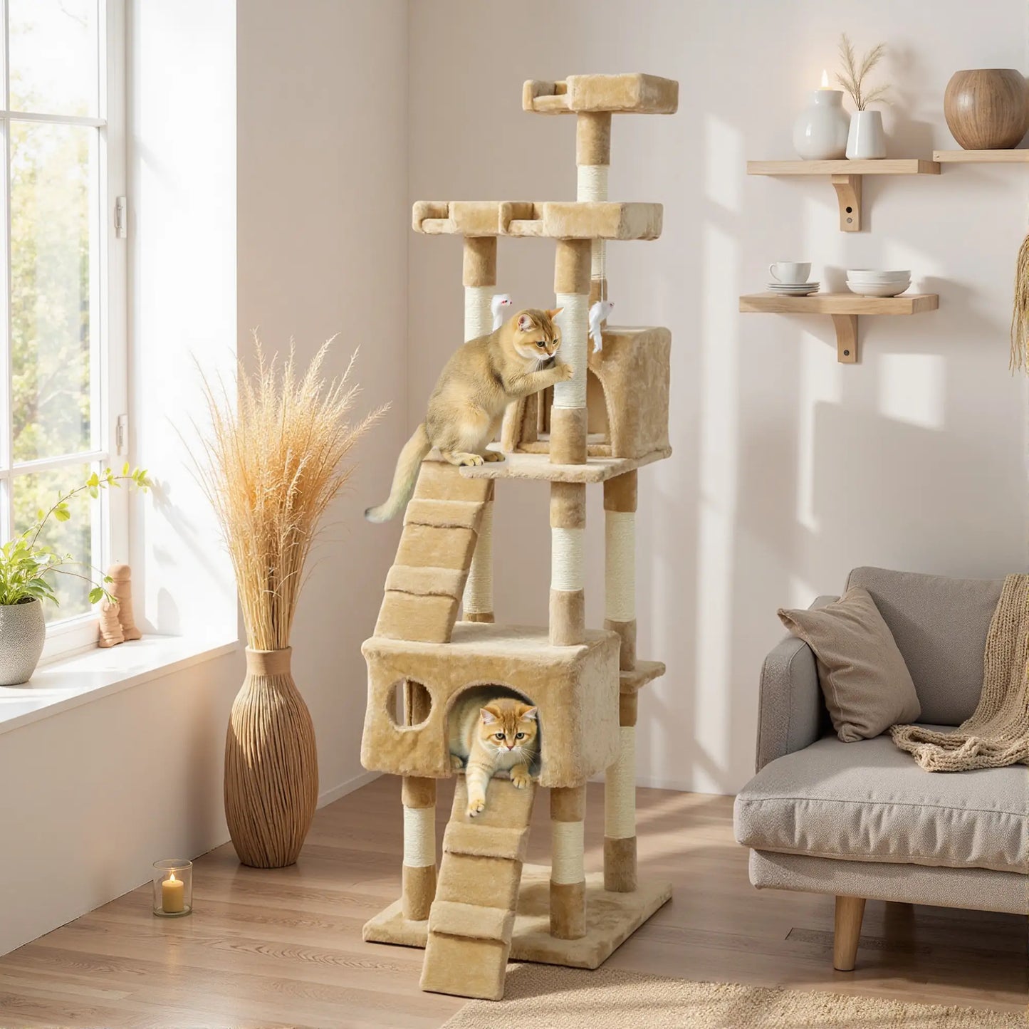 68-Inch Multi-Level Cat Scratching Tree, Light Brown