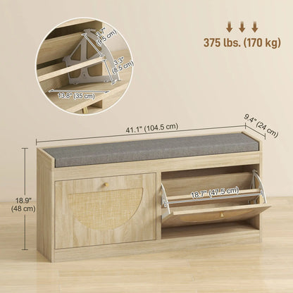 Shoe Bench with Flip Doors, Seat Cushion, Adjustable Shelves, Natural Wood Shoe Storage Cabinets & Racks at Gallery Canada