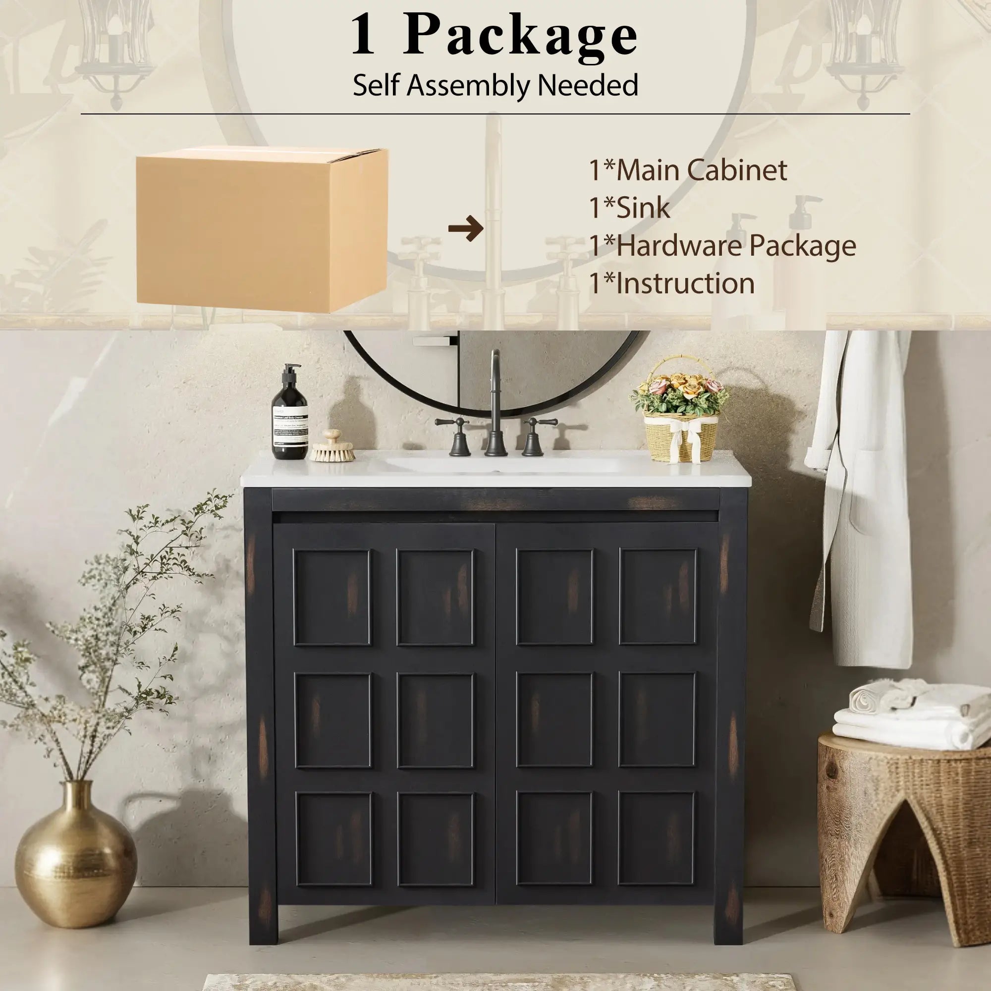 Solid Wood Bathroom Vanity, Ceramic Sink, Storage Cabinet, 36
