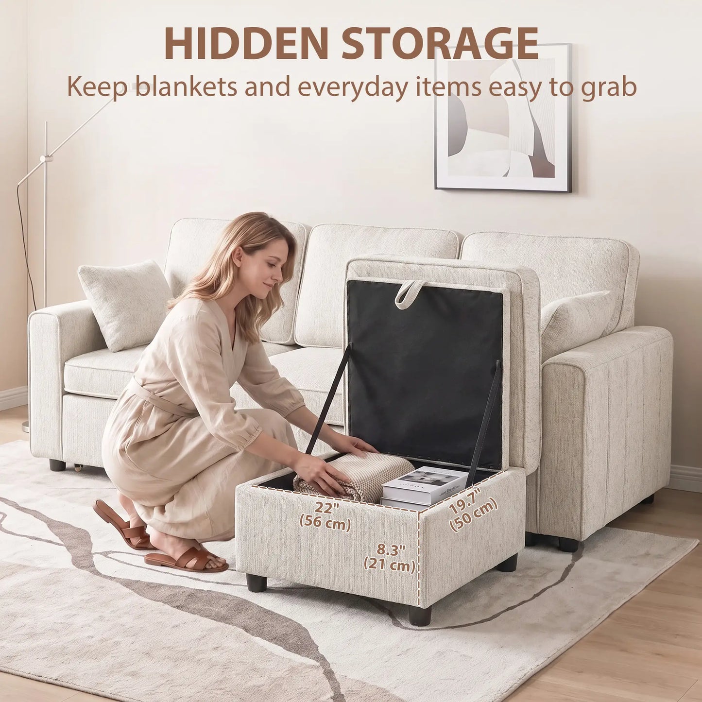 Modular Sectional Sofa Bed With Reversible Ottoman, Beige