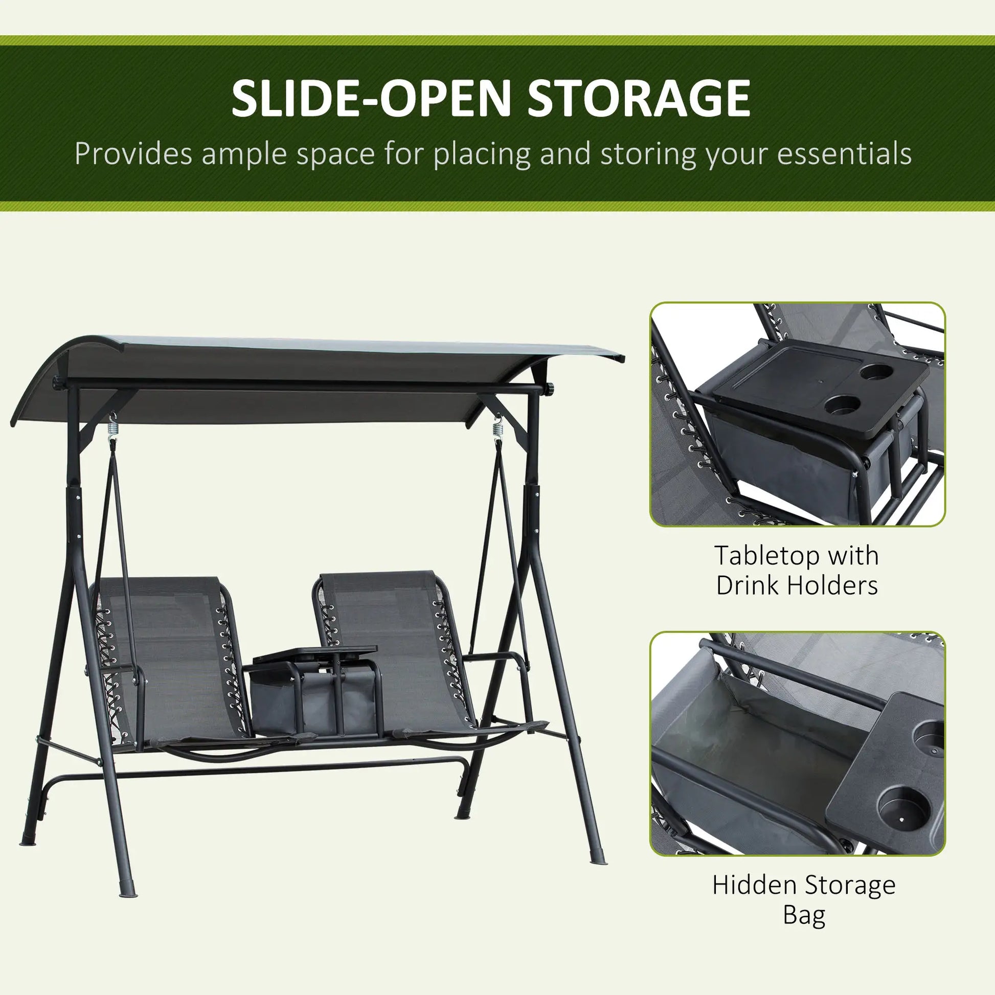 2 Person Porch Swing with Storage Table, Cup Holder, Canopy, Grey Patio Swings with Stand at Gallery Canada