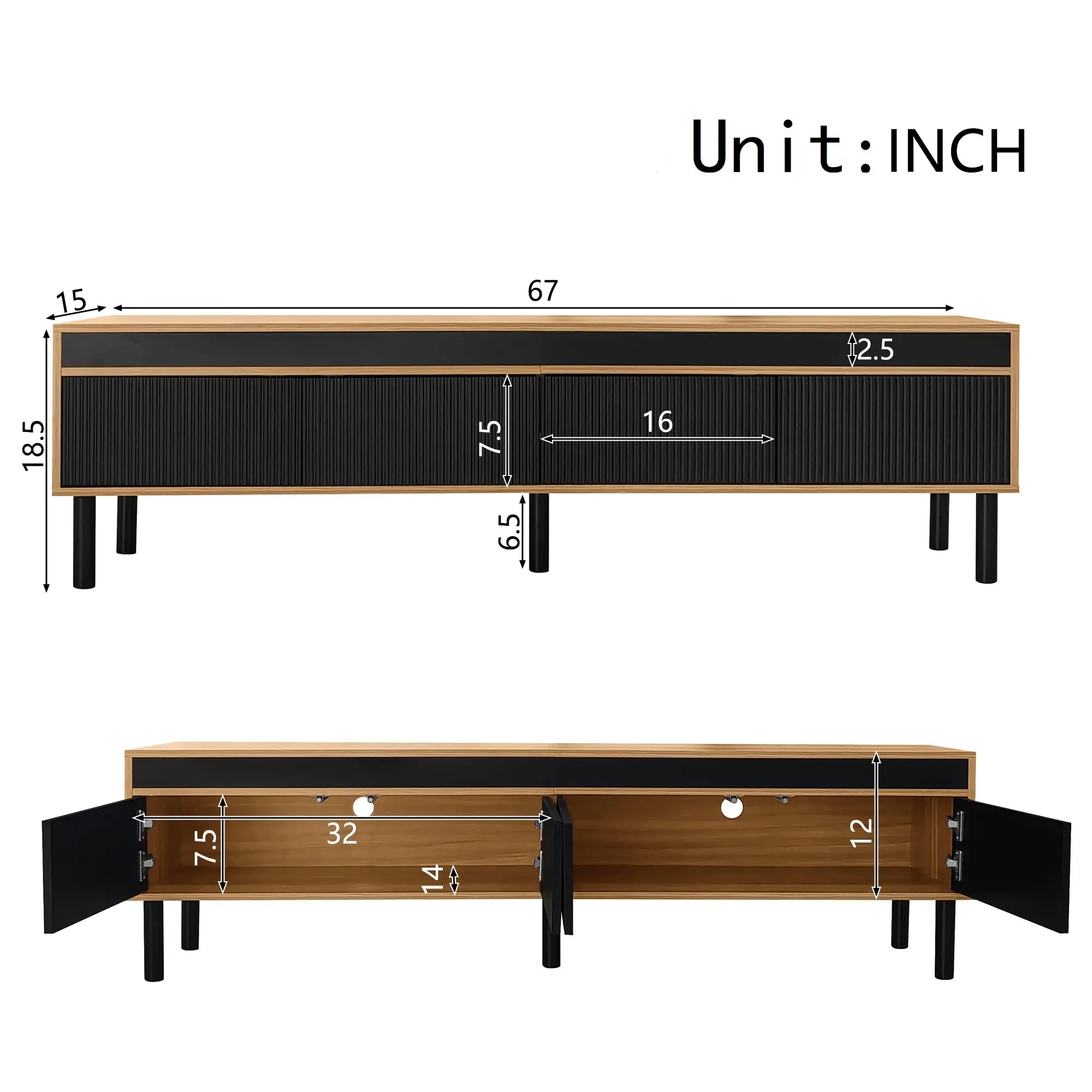 Elegant Stripe Design Stand, Sturdy Wooden Legs, 3 Doors, 67