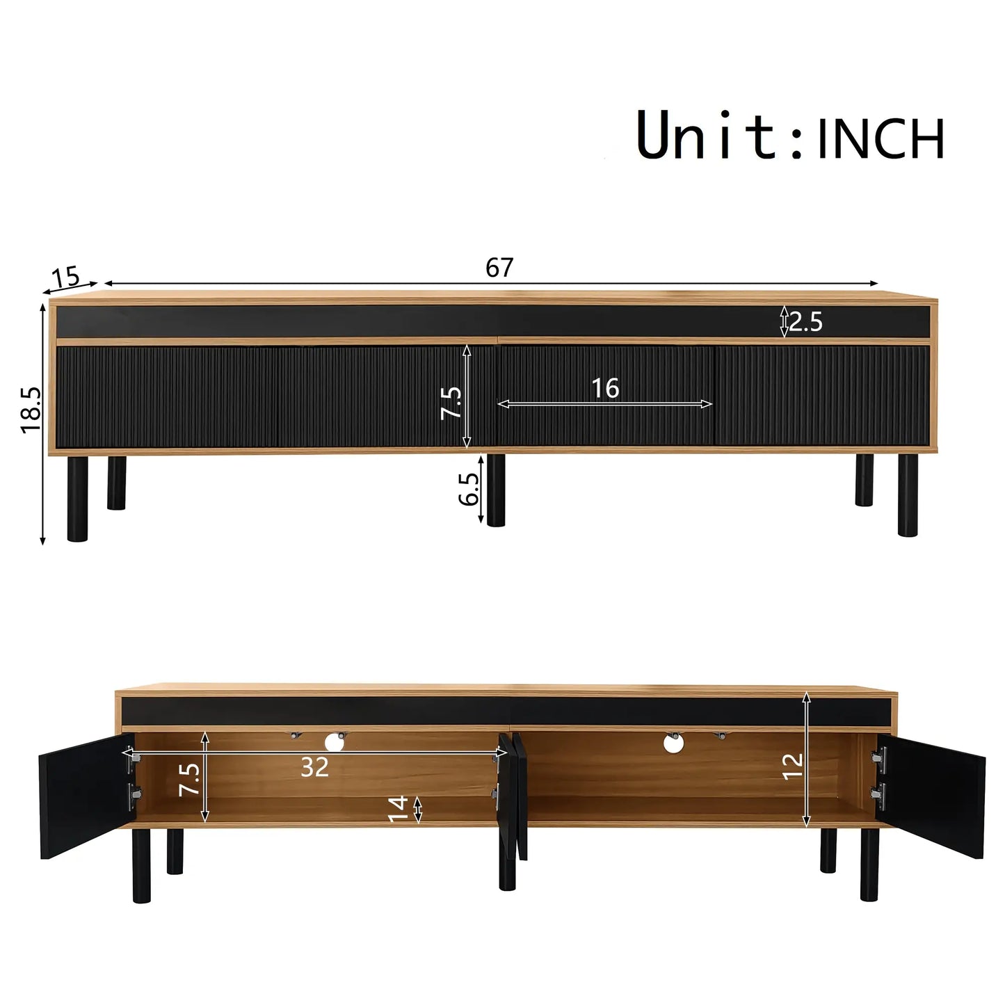 Elegant Stripe Design Stand, Sturdy Wooden Legs, 3 Doors, 67" L x 15" W x 18.5" H, Natural, Black TV Stands at Gallery Canada