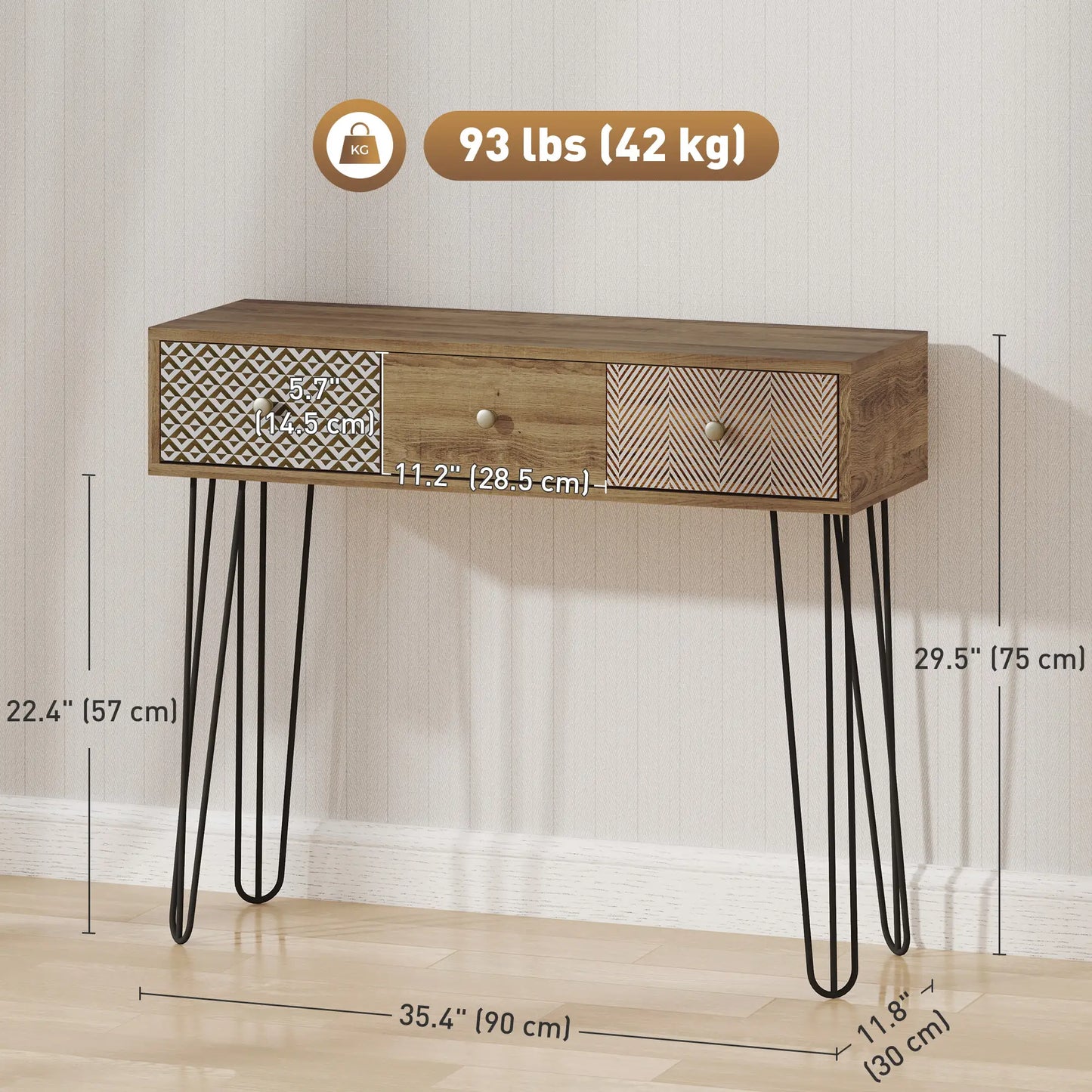 Narrow Console Table with Drawers, 35", Hairpin Legs, Brown Console Tables at Gallery Canada