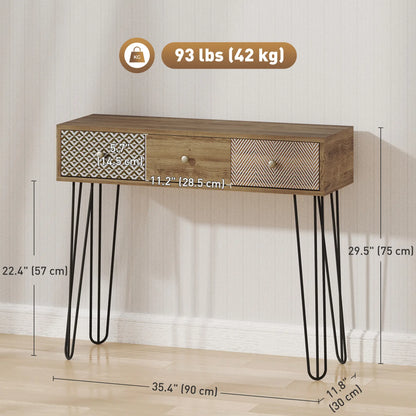 Narrow Console Table with Drawers, 35", Hairpin Legs, Brown Console Tables at Gallery Canada