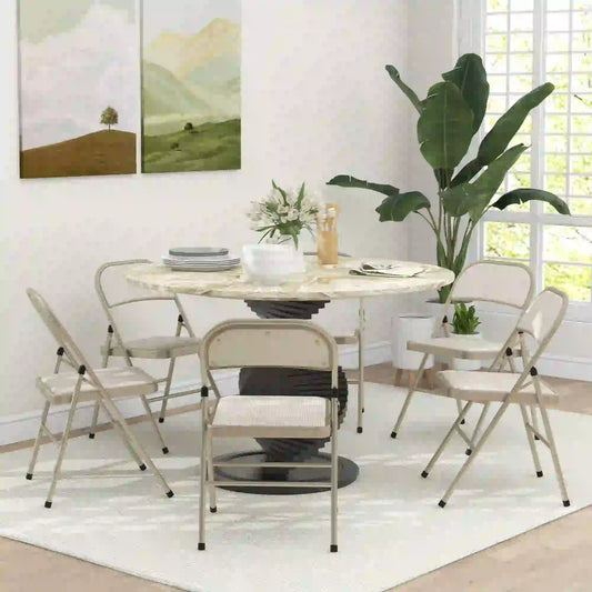 Set of 6 Metal Foldable Chairs, Linen Padded, Beige Dining Chairs Beige at Gallery Canada