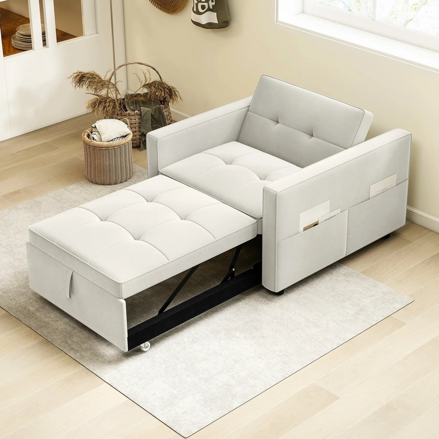 Convertible Chair Bed, Pull Out Sleeper with USB, Adjustable Backrest, Velvet Futon, Cream White Single Sofas at Gallery Canada