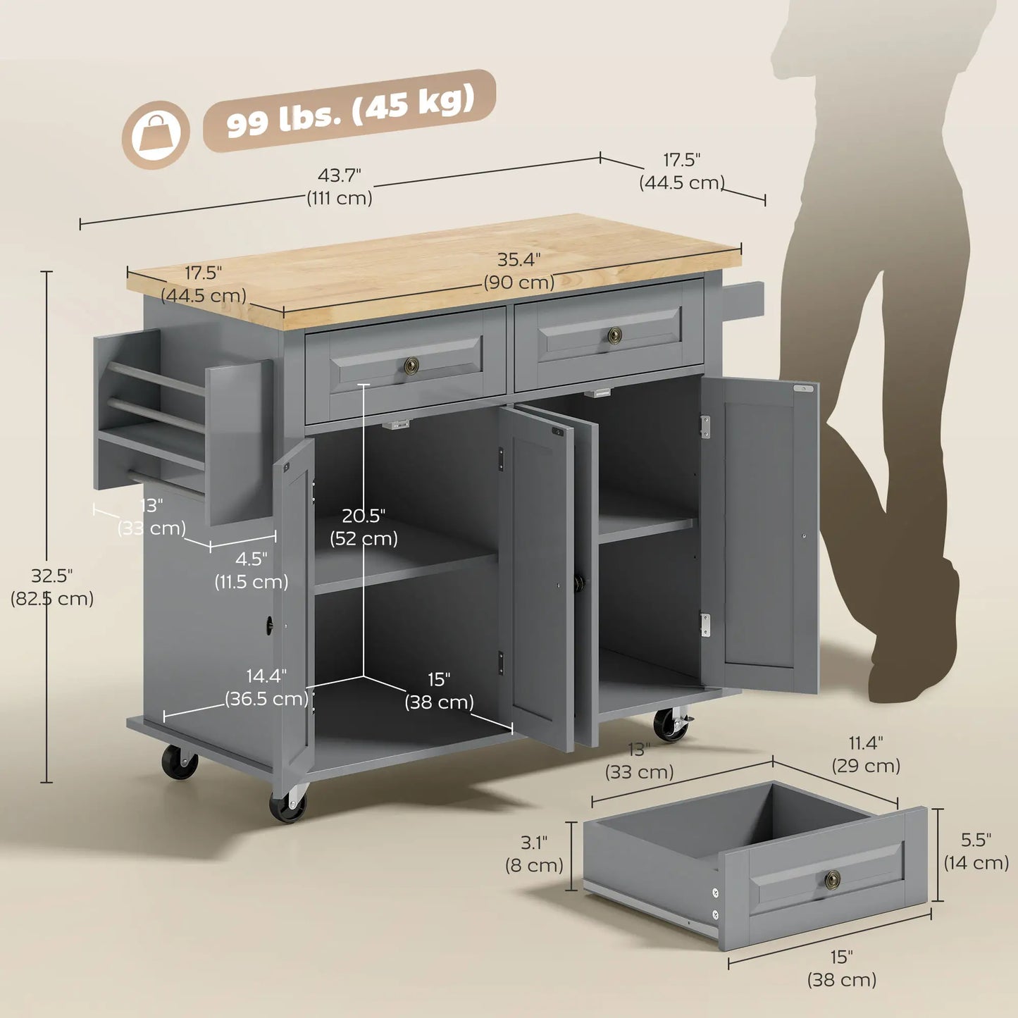 Kitchen Island with Storage, Rolling Cart, Rubber Wood Top, Grey Kitchen Islands & Kitchen Carts at Gallery Canada