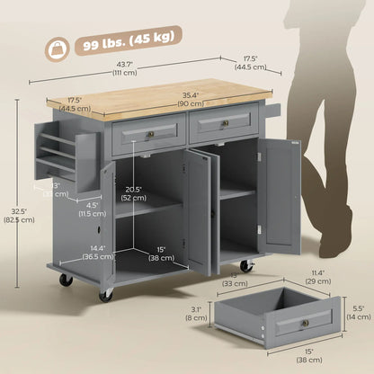 Kitchen Island with Storage, Rolling Cart, Rubber Wood Top, Grey Kitchen Islands & Kitchen Carts at Gallery Canada