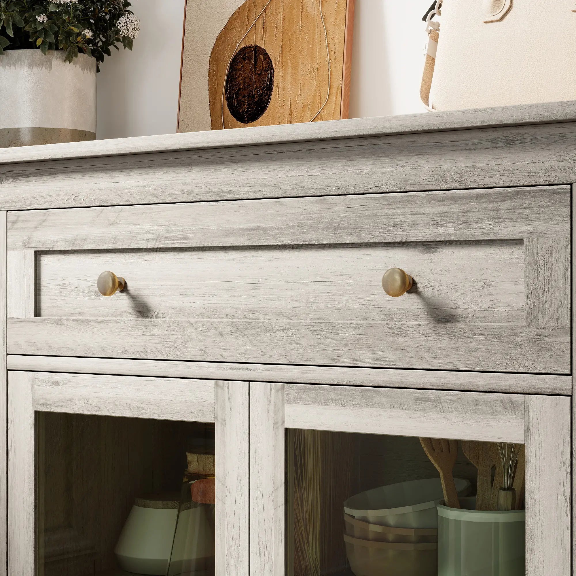 Sideboard Buffet Cabinet, Coffee Bar with Glass Doors, Adjustable Shelves, Weathered Grey Oak, Grey Bar Cabinets at Gallery Canada