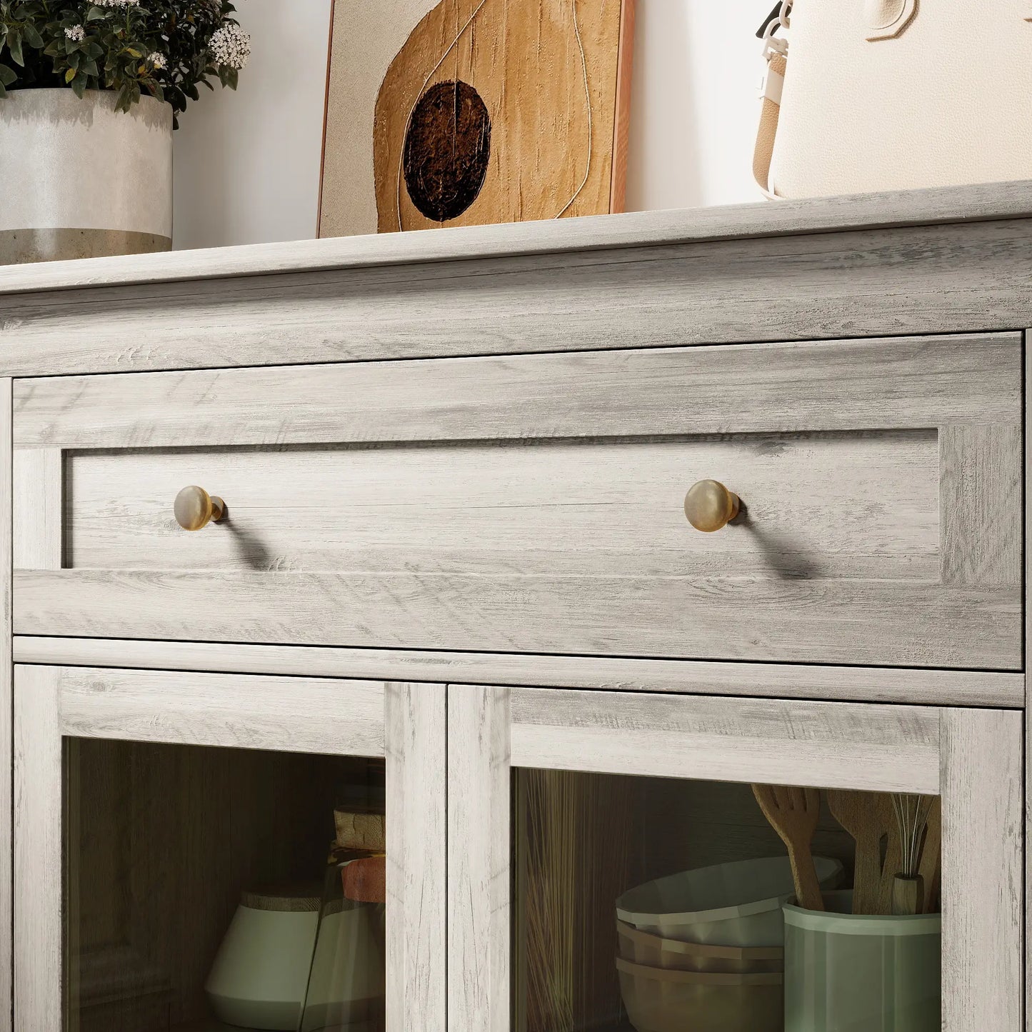 Sideboard Buffet Cabinet, Coffee Bar with Glass Doors, Adjustable Shelves, Weathered Grey Oak, Grey Bar Cabinets at Gallery Canada