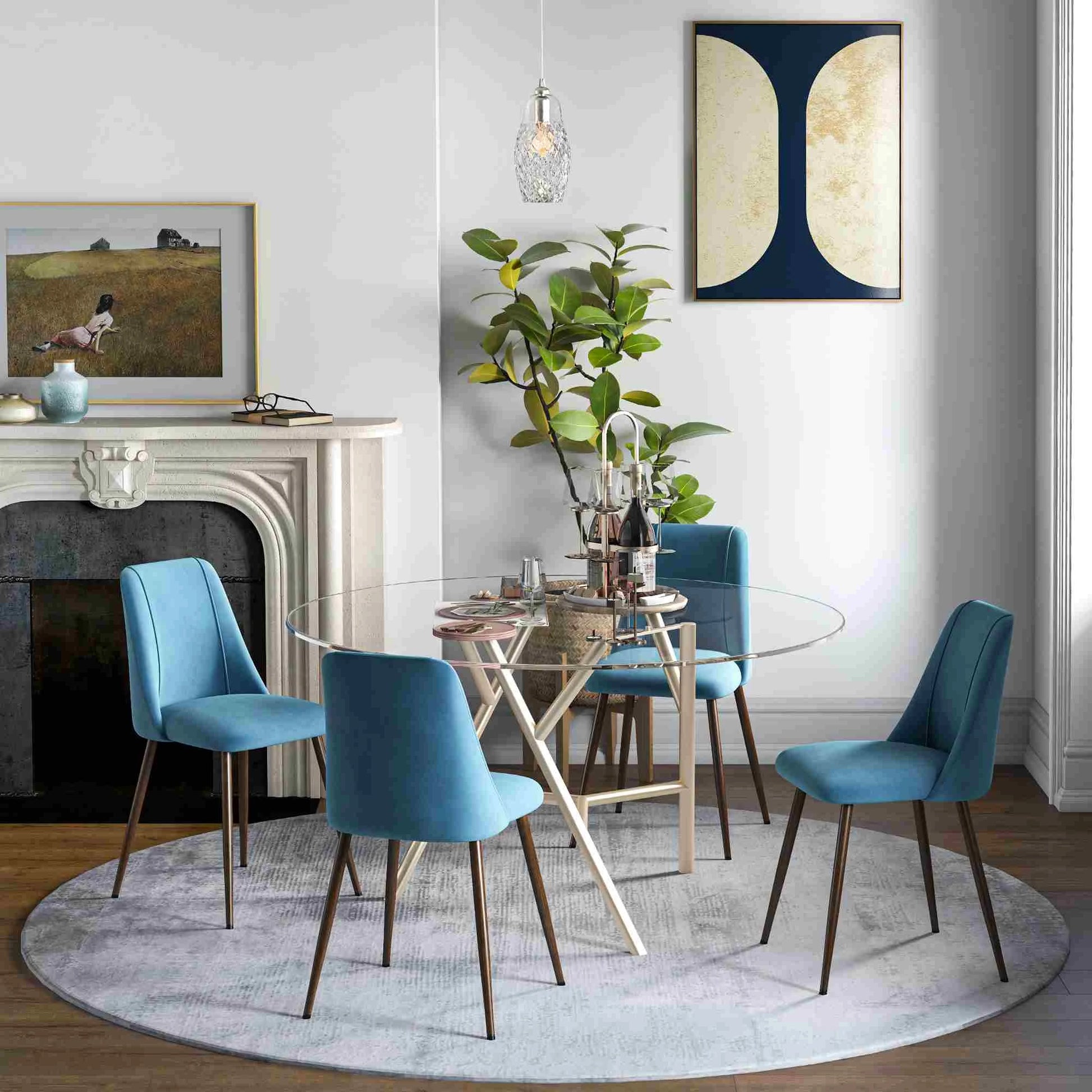 Upholstered Dining Chairs Set of 4, Velvet, Wood-Grain Steel Leg, Blue Bar Stools at Gallery Canada