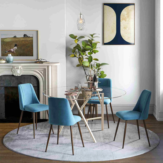 Upholstered Dining Chairs Set of 4, Velvet, Wood-Grain Steel Leg, Blue Bar Stools Blue, Brown Wood Grain at Gallery Canada
