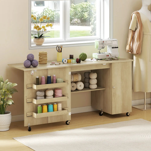 Sewing Machine Table, Drop Leaf, 2 Doors, Adjustable Shelf, Natural