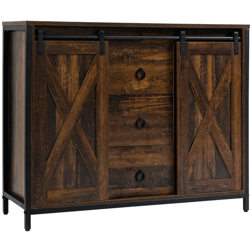 Industrial Buffet Cabinet, Kitchen Sideboard, Sliding Barn Doors, 3 Drawers, Adjustable Shelves, Rustic Brown, Brown