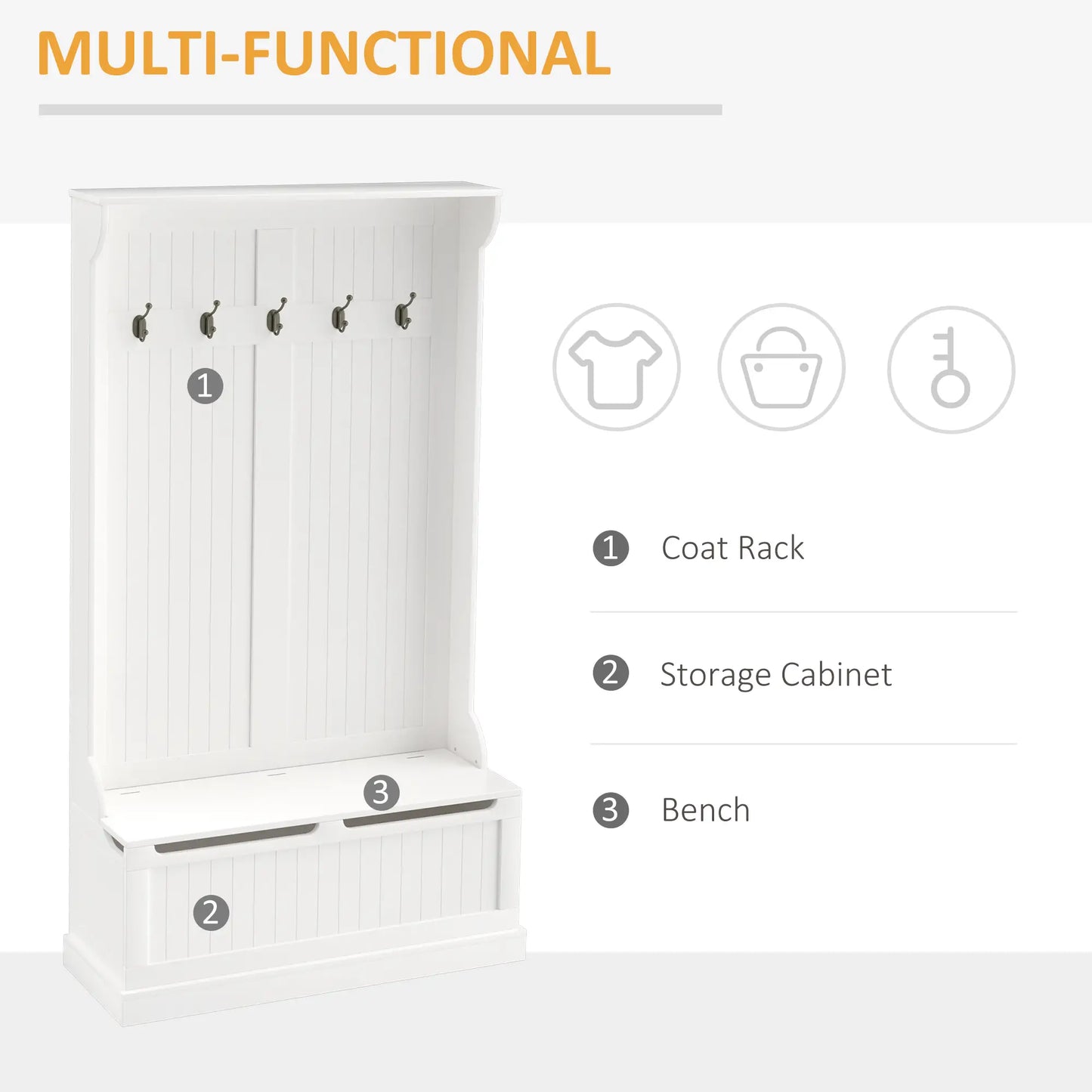 3-In-1 Hall Tree, Coat Rack, Shoe Storage, Bench Seat, White