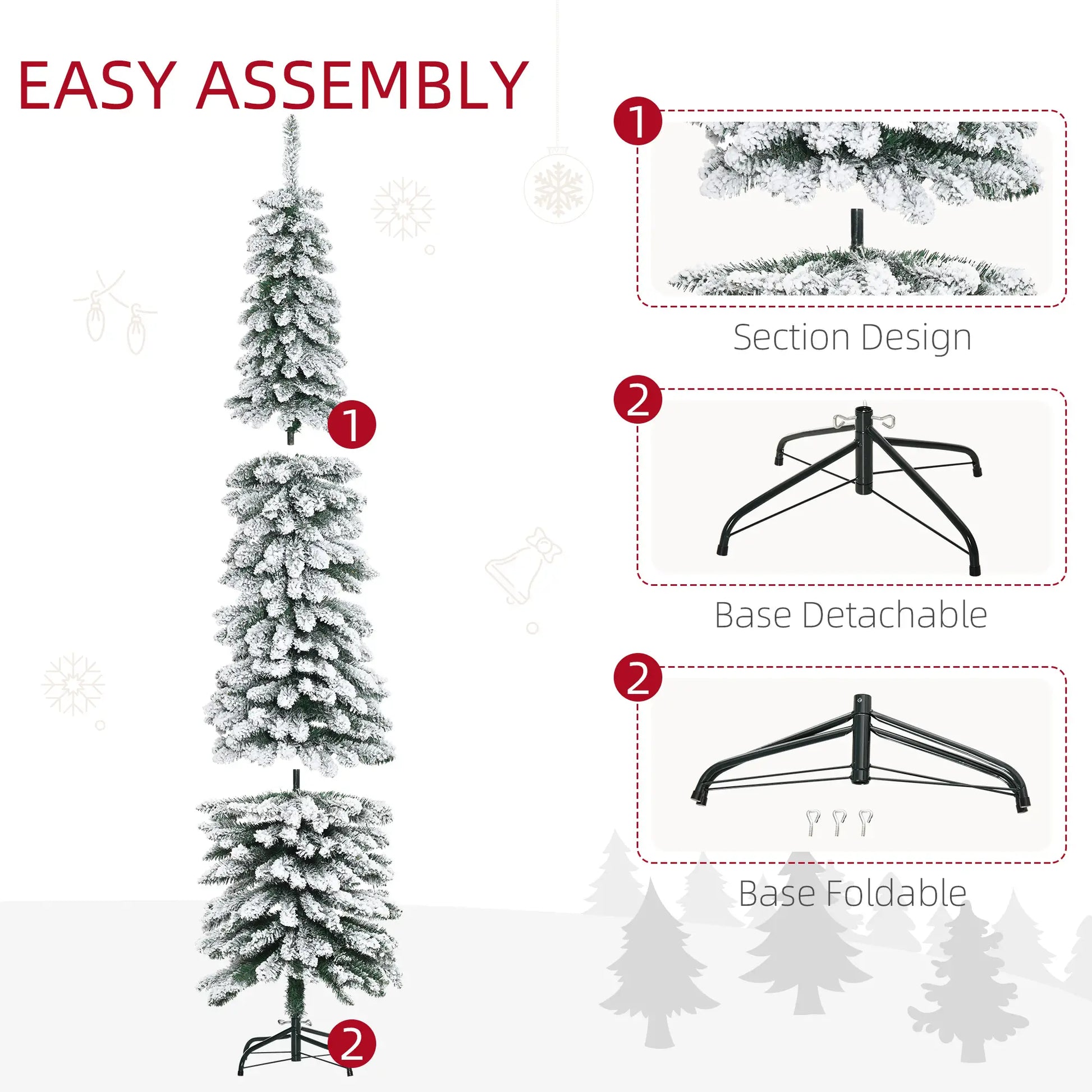 7ft Snow-Flocked Artificial Christmas Tree, Slim Pencil, 490 Branches, Metal Base, Green Pencil Christmas Trees at Gallery Canada