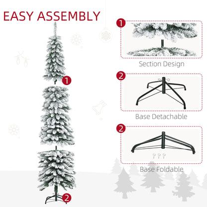 7ft Snow-Flocked Artificial Christmas Tree, Slim Pencil, 490 Branches, Metal Base, Green Pencil Christmas Trees at Gallery Canada