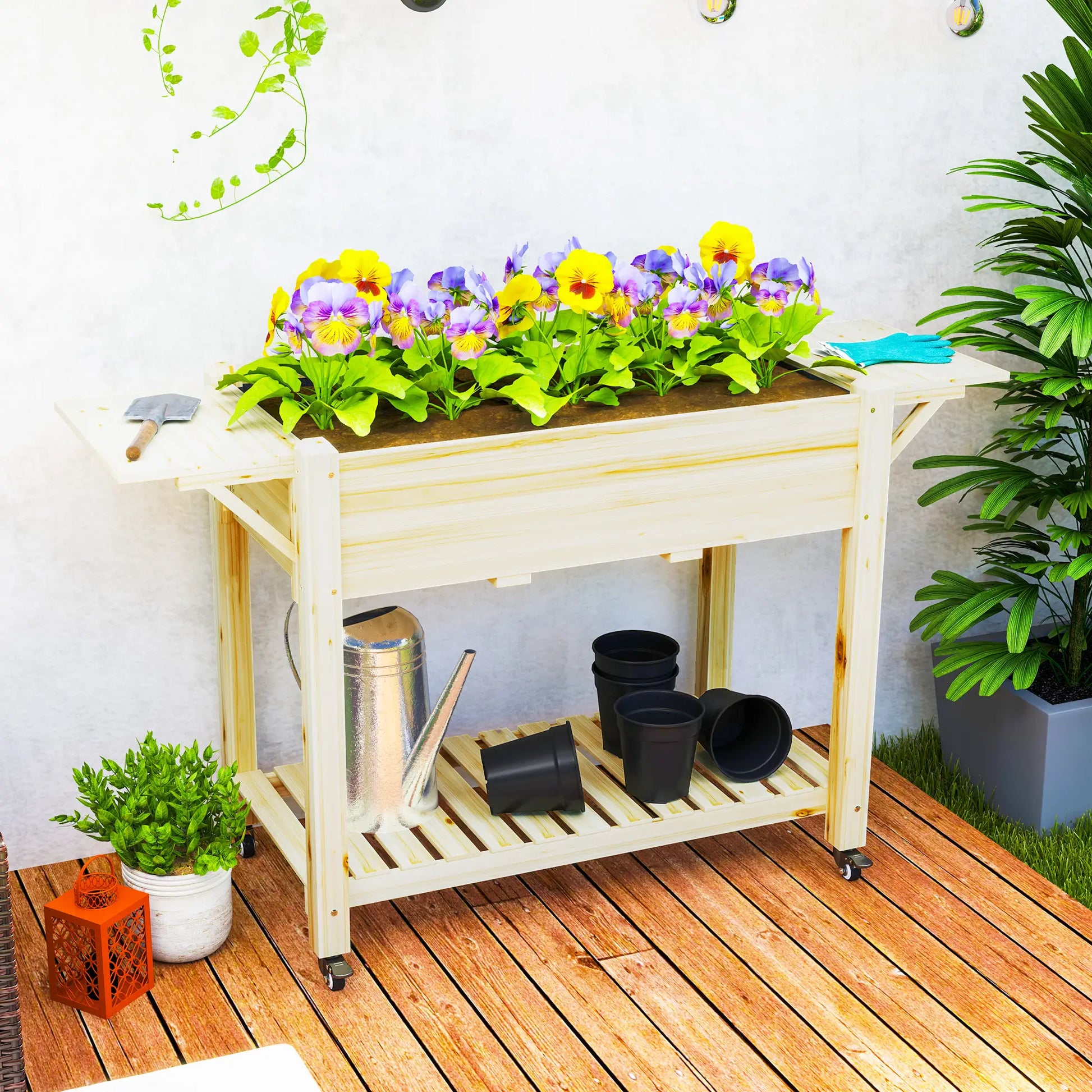 Raised Garden Bed, Wood Planter Box with Wheels, Side Tables, Natural Raised Garden Beds at Gallery Canada