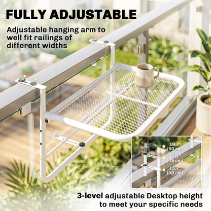 Adjustable Balcony Hanging Railing Table, Metal Wall Desk, White