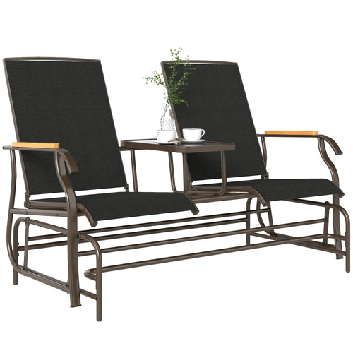 2-Person Outdoor Glider Bench, Steel Frame, Breathable Mesh, Table