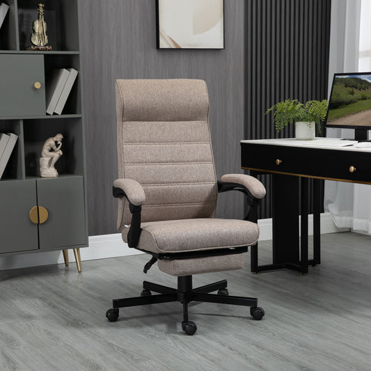High-Back Office Chair, Linen Computer Desk Chair, Swivel Reclining Chair with Adjustable Height, Footrest and Padded Armrest, Brown - Gallery Canada