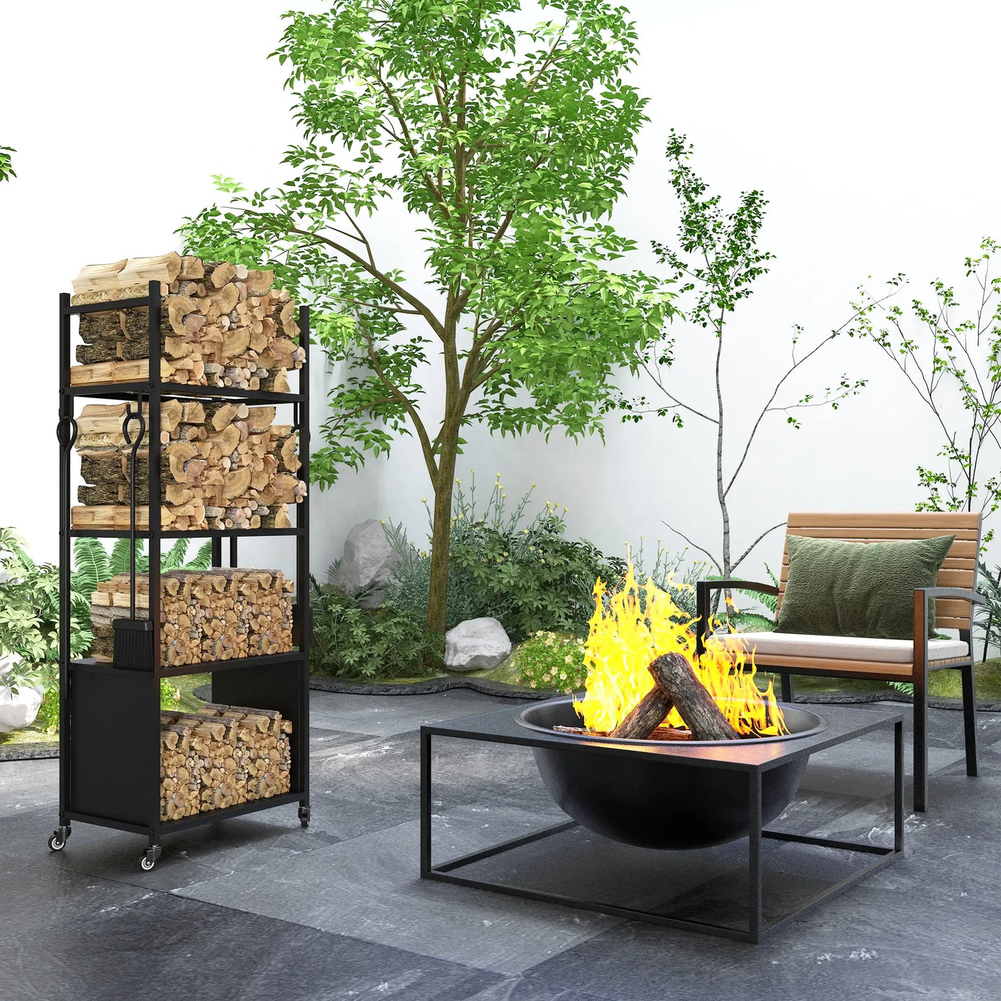 4-Tier Firewood Rack With Wheels, 4 Tools, Powder-Coated Steel Firewood Racks at Gallery Canada