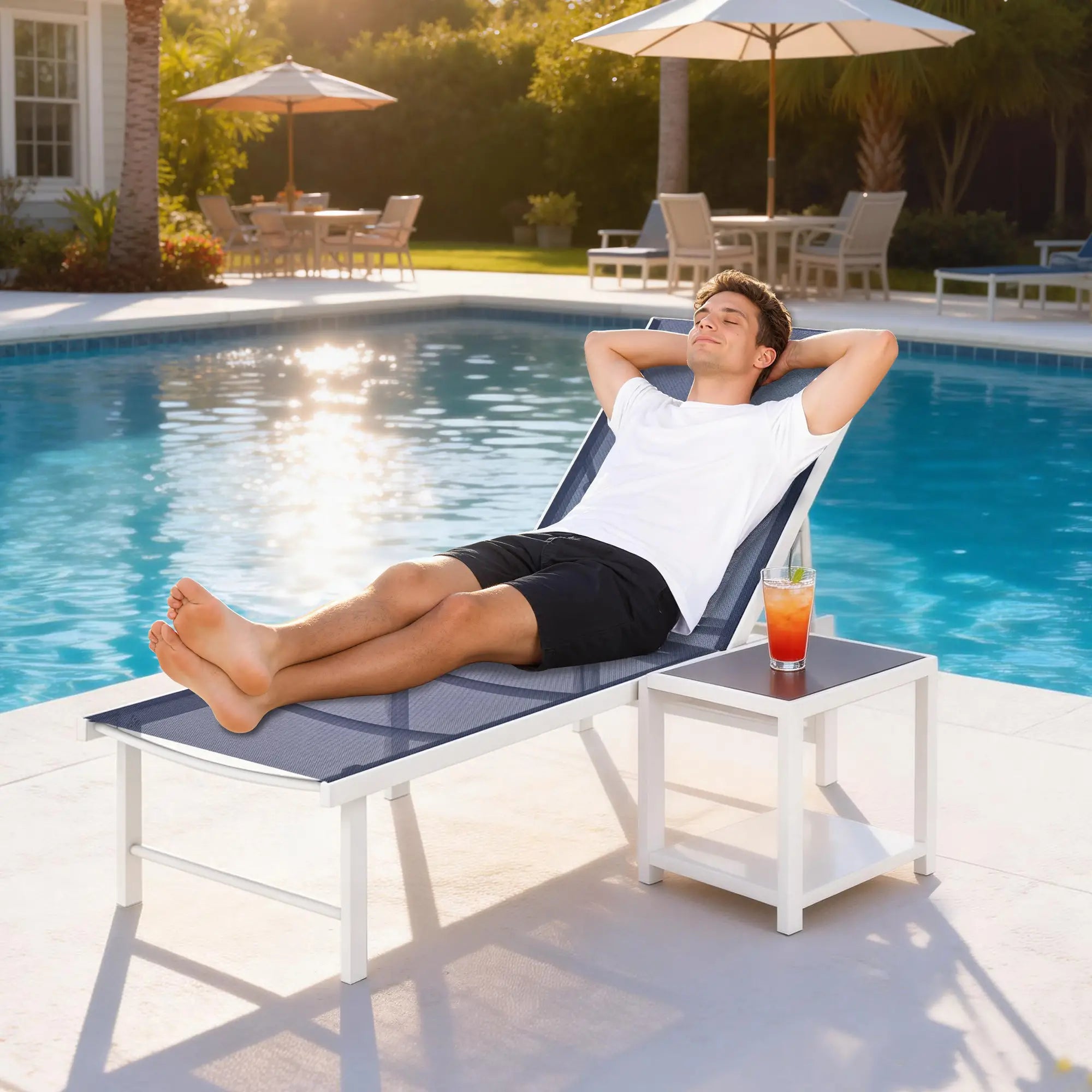 Outdoor Lounge Chair, 5-Position Reclining Chaise, Dark Blue Lounger Chairs at Gallery Canada