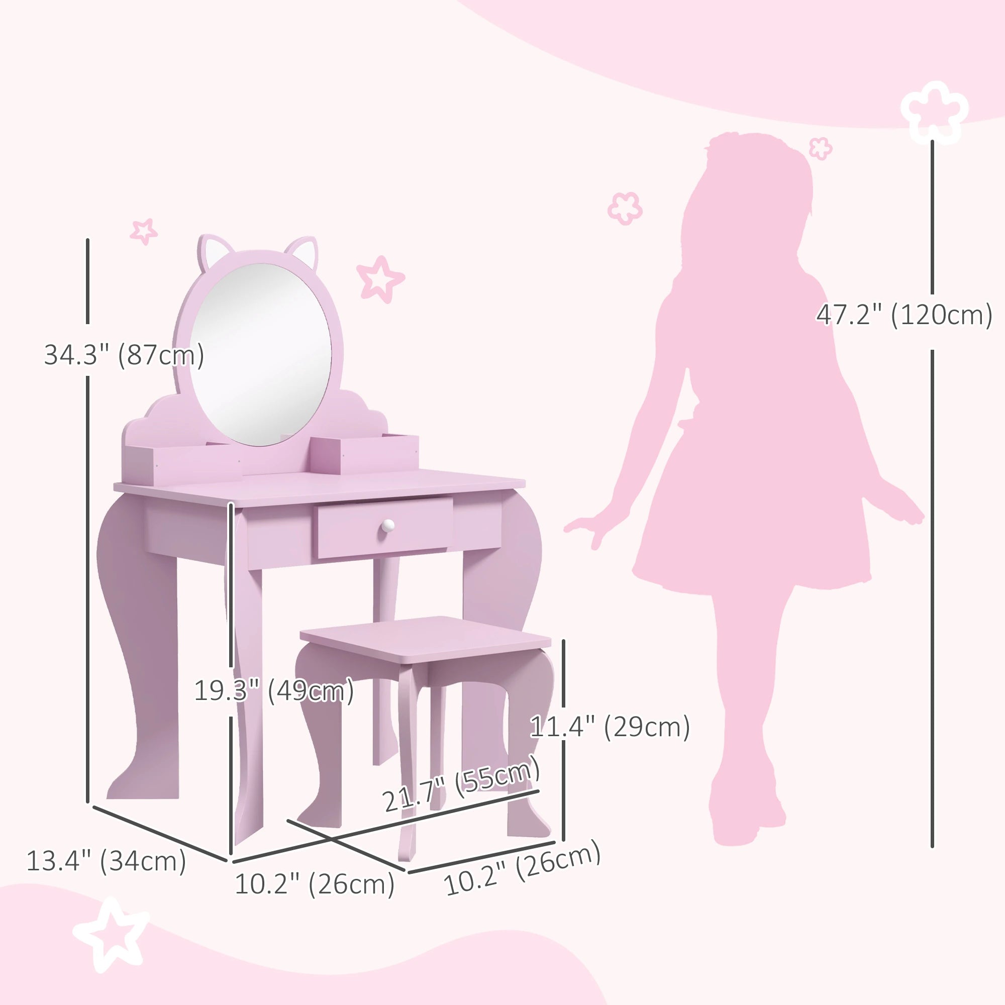 Cat Design Makeup Vanity with Mirror, Stool, Drawer, Pink Toy Vanity at Gallery Canada