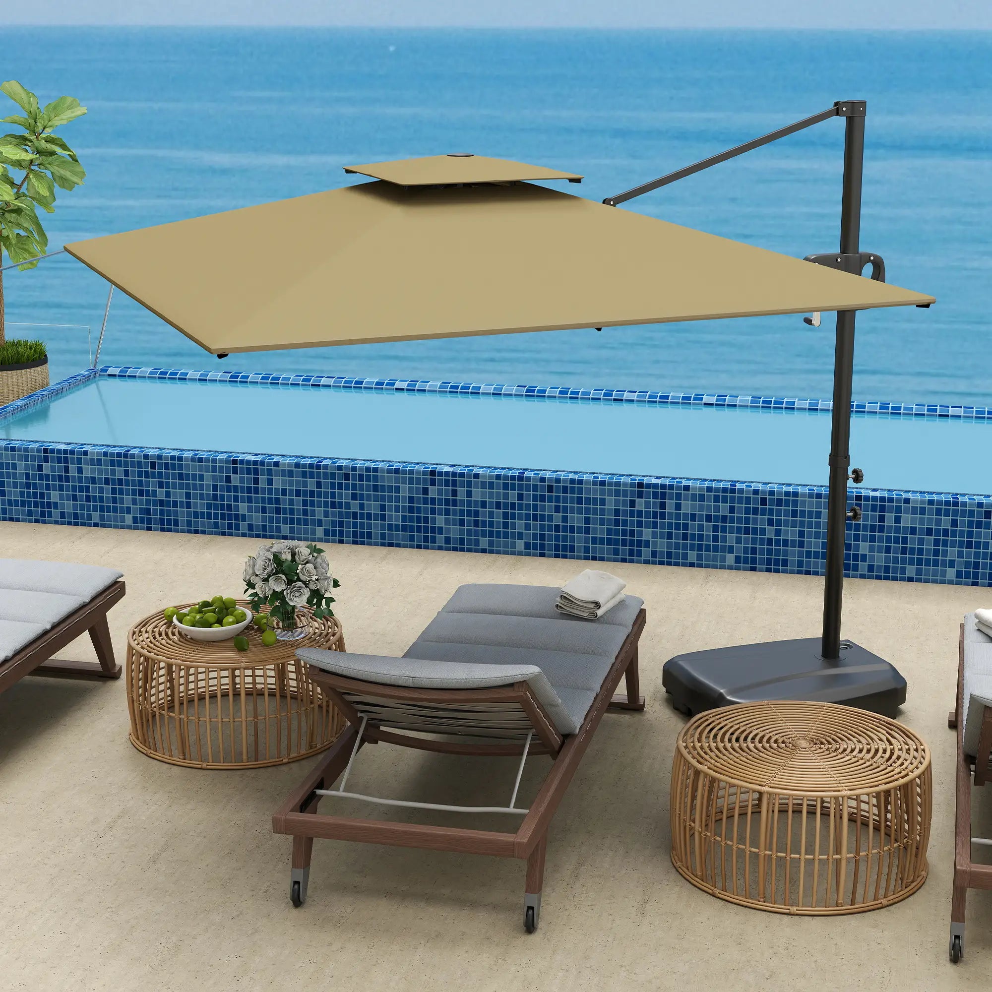 Square Cantilever Patio Umbrella, Double Top, 8' x 9', Khaki Offset Cantilever Umbrellas at Gallery Canada