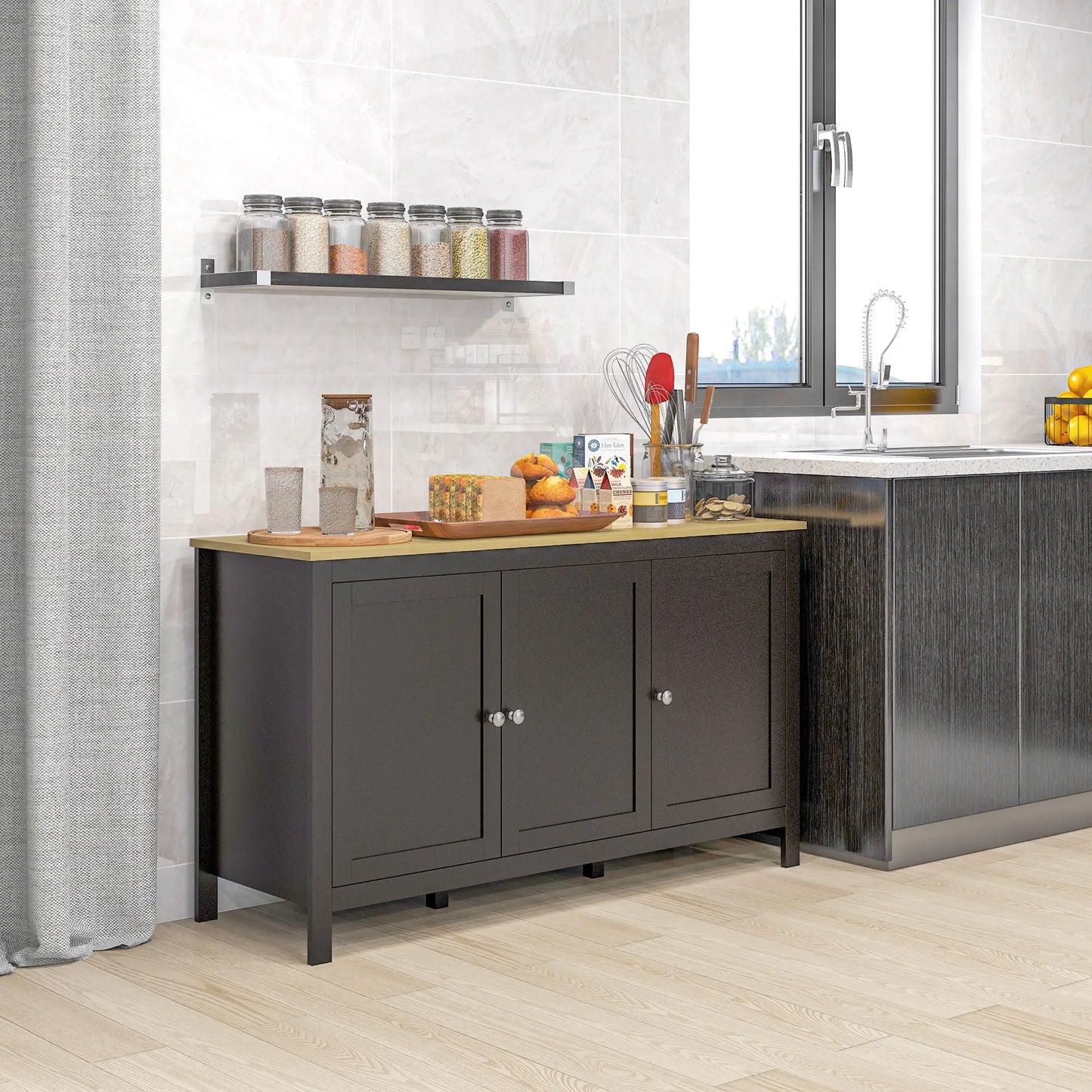 Sideboard, Buffet Cabinet with Doors, Adjustable Shelves, Natural, Black Kitchen Pantry Cabinets at Gallery Canada