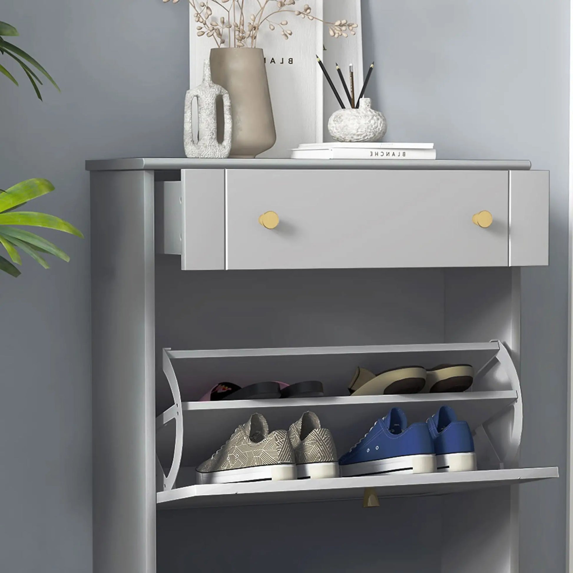 Slim Shoe Storage, 2 Flip Drawers, Adjustable Shelves, 8 Pair, Grey Shoe Storage Cabinets & Racks at Gallery Canada