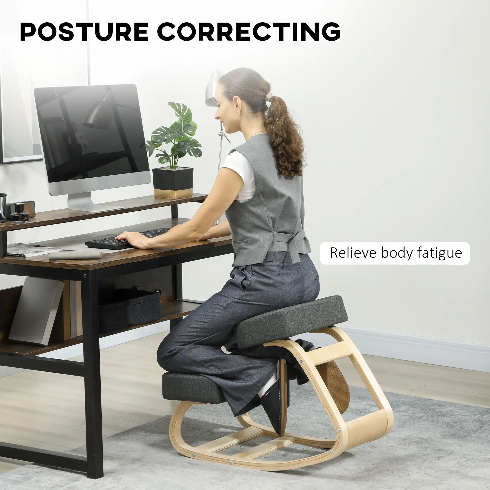 Ergonomic Kneeling Chair, Wood Kneel Stool, Thick Pads, Dark Grey Office Chairs at Gallery Canada