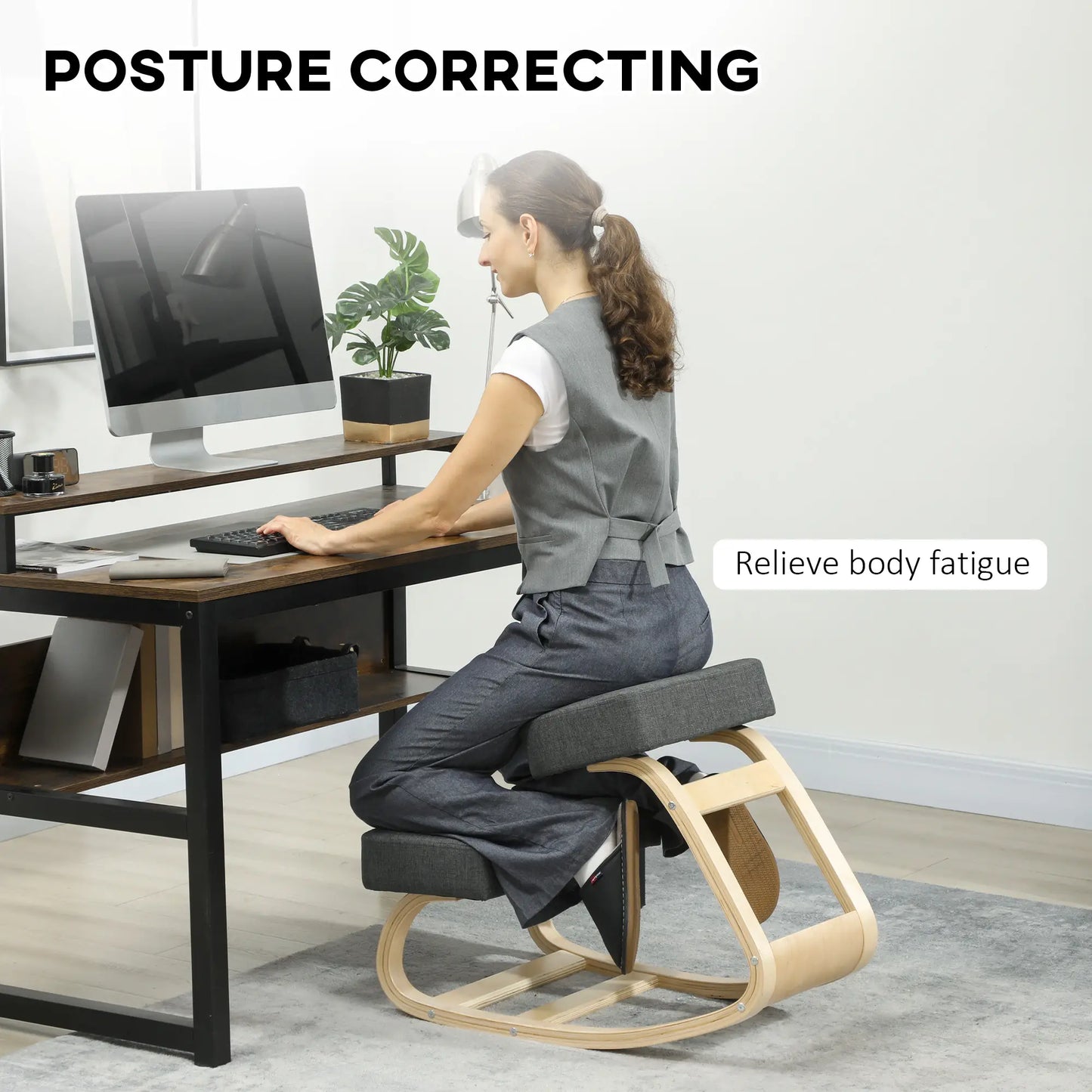 Ergonomic Kneeling Chair, Wood Kneel Stool, Thick Pads, Dark Grey Office Chairs at Gallery Canada