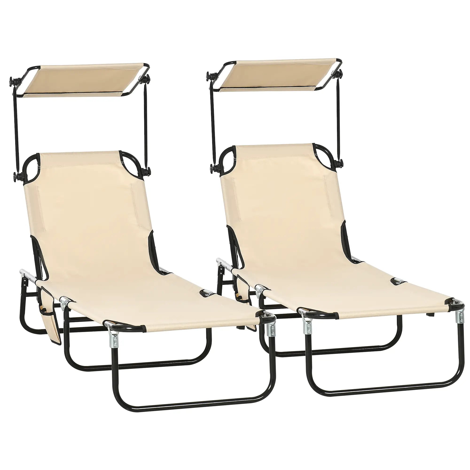2 Piece Folding Chaise Lounges, Reclining Back, Sunshade, Pool, Beach, Patio Lounger Chairs Tan Fabric, Black Matte Frame at Gallery Canada