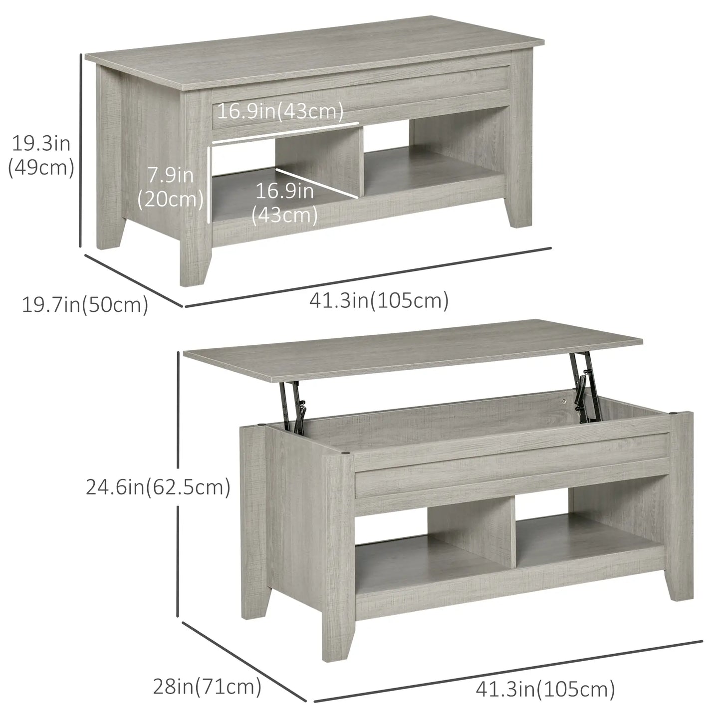 Lift Top Coffee Table, Hidden Storage, Open Shelves, Light Grey Coffee Tables at Gallery Canada