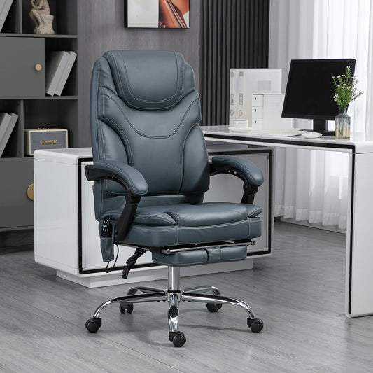 6 Point Vibration Massage Office Chair, PU Leather Heated Reclining Computer Chair with Footrest, Grey - Gallery Canada