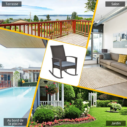 Outdoor PE Rattan Rocking Chair, Garden Glider Rocking Chair, Wicker Patio Chair Set with Armrest and Cushion, Grey Patio Chairs at Gallery Canada
